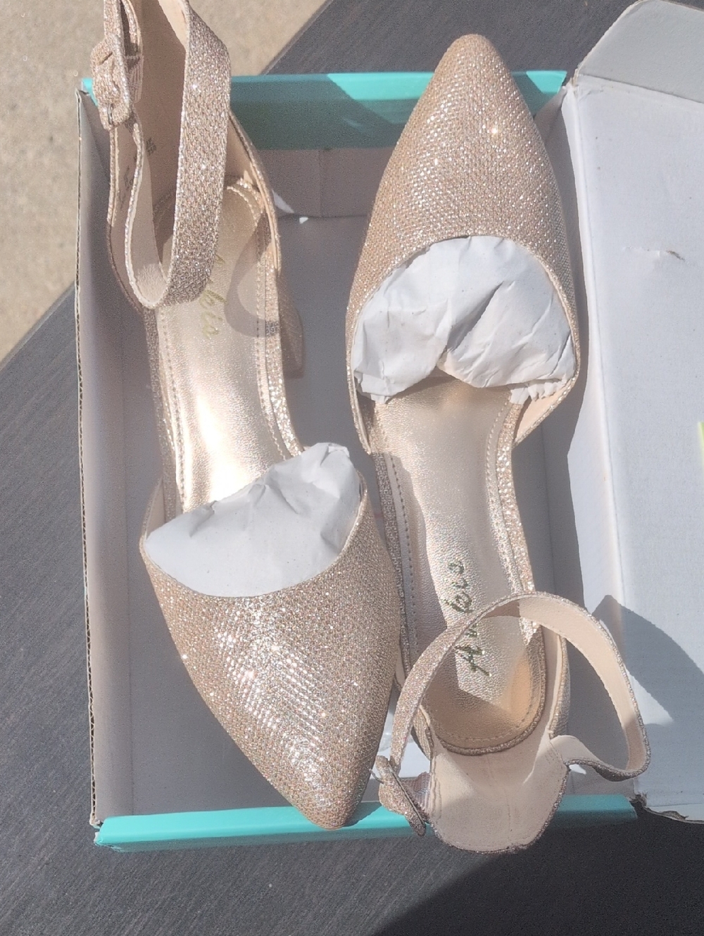 Sparkling Pointed Toe Ankle Strap Flats - Champagne Gold